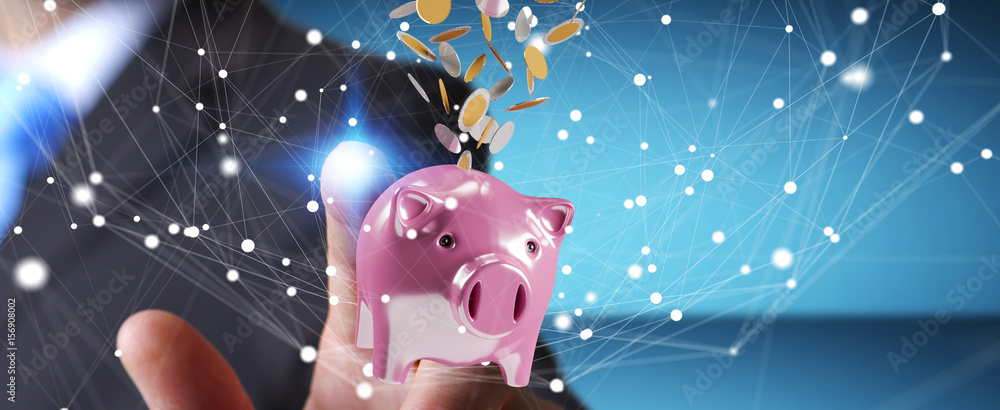 Poster businessman holding piggy bank with flying coins going inside 3d rendering