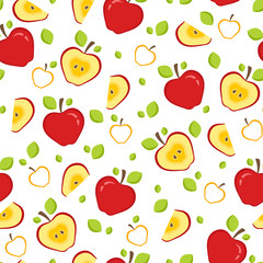 Seamless pattern with whole and half red apples. Fruit Background for print. Vector illustration
