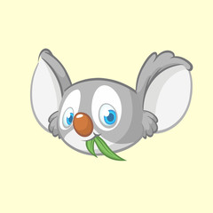 Cartoon koala head icon. Vector illustration of cute koala face with leaf of eucalyptus tree