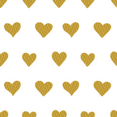 Seamless pattern with golden glitter hearts isolated on a white background.