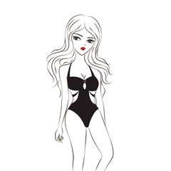Women’s one piece swimsuits. Black swimsuits. Cartoon hand drawing doodle style. For graphic design, info graphics, summer, Fashion flyer. Vector illustration. Isolated on white background