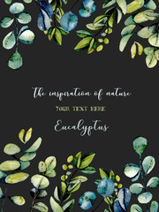 Template postcard with eucalyptus branches watercolor illustration, hand drawn on a dark background, for invitation, card decoration and other works, wedding design, greeting card