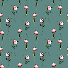 Seamless floral pattern with pink peony flowers buds, hand drawn isolated on a dark green background