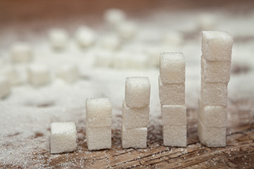 Fototapeta na wymiar Cubes of white sugar, diabetes and high sugar level concept