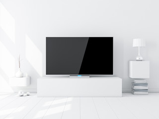 Flat Smart Tv Mockup on stand in modern white living room. 3d rendering