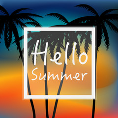 Hello Summer wallpaper with palm trees and sunset	