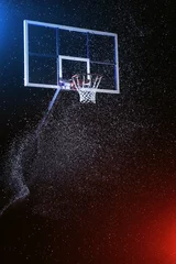 Foto auf Acrylglas Basketball hoop isolated on black. Basketball arena under rain. Lightened by mixed color lights. © Sergii Chernov