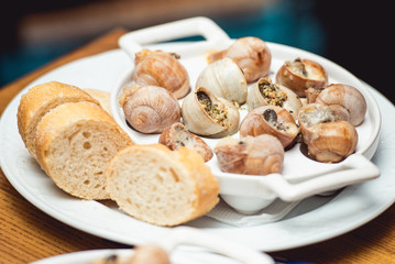 Snails with herbs butter, in traditional ceramic pan bread and sauce on a rustic wooden table. Top view