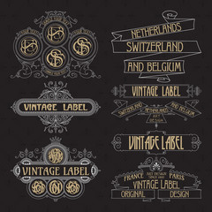 Old vintage floral elements - ribbons, monograms, stripes, lines, angles,border, frame,label, logo - vectors