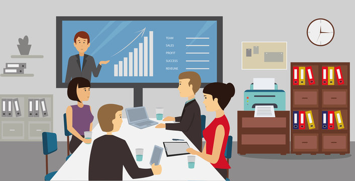 Business people web conference meeting in office. Corporate Table Discussion Video Conference  Concept Illustration Vector.
