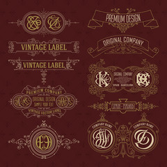 Old vintage floral elements - ribbons, monograms, stripes, lines, angles,border, frame,label, logo - vectors