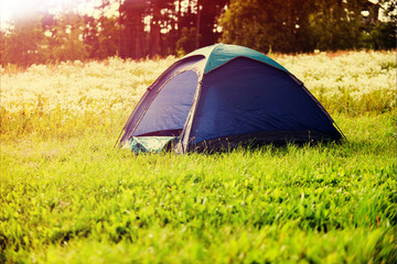 Tourist tent on green meadow at sunrise. Camping background. Filtered image:cross processed vintage effect.