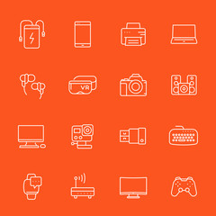 gadgets, modern devices icons set, thin linear style, action camera, portable power bank, smart watch, vr headset and others