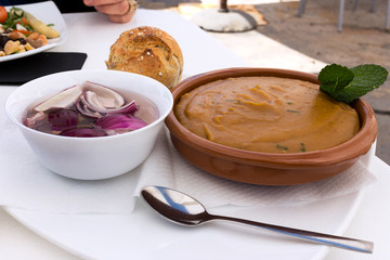 Gofio Escaldado traditional Canarian dish served with chopped onions, Fuerteventura

