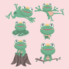 Cartoon Vector of Green frog in the pond theme in different positions.