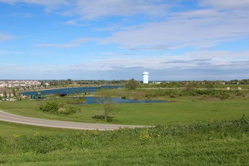 The park landscape and the lake from a hill.