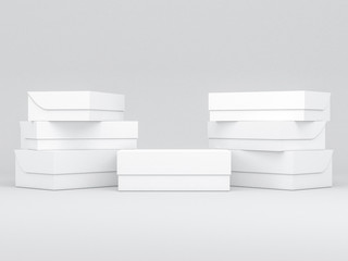 Seven white shoe boxes Mockup, 3d rendering