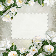 Border of white roses, card for text or photo on a beautiful vintage background