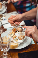 Snails with herbs butter, in traditional ceramic pan bread and sauce on a rustic wooden table. Top view