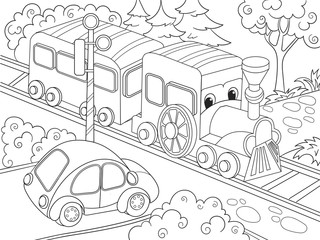 Cartoon train train and car coloring book for children cartoon vector illustration