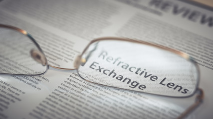 Refractive Lens Exchange Article Title Highlighted Through Eyeglasses. Vision Surgery Concept 3d Illustration