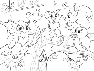 Fototapeta premium Lesson in the school of an owl in the woods coloring book for children cartoon vector illustration