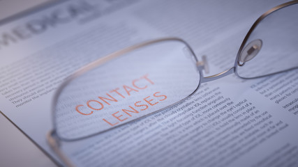 Fototapeta premium Contact Lenses Article Title Highlighted Through Eyeglasses. Vision correction Concept 3d Illustration
