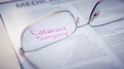 Cataract Surgery Article Title Highlighted Through Eyeglasses. Intraocular Lens Replacement Surgery Concept 3d Illustration