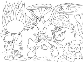 Family of mushrooms in the forest coloring book for children cartoon vector illustration