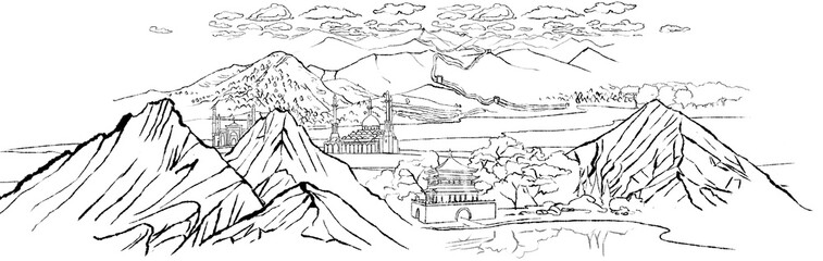 Landscape with mountains, dunes, chinese wall, shinai drum tower and mosques