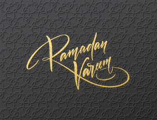 Gold glitter Lettering Ramadan Kareem on the Arabic girish seamless pattern. Background for festive design. Vector illustration