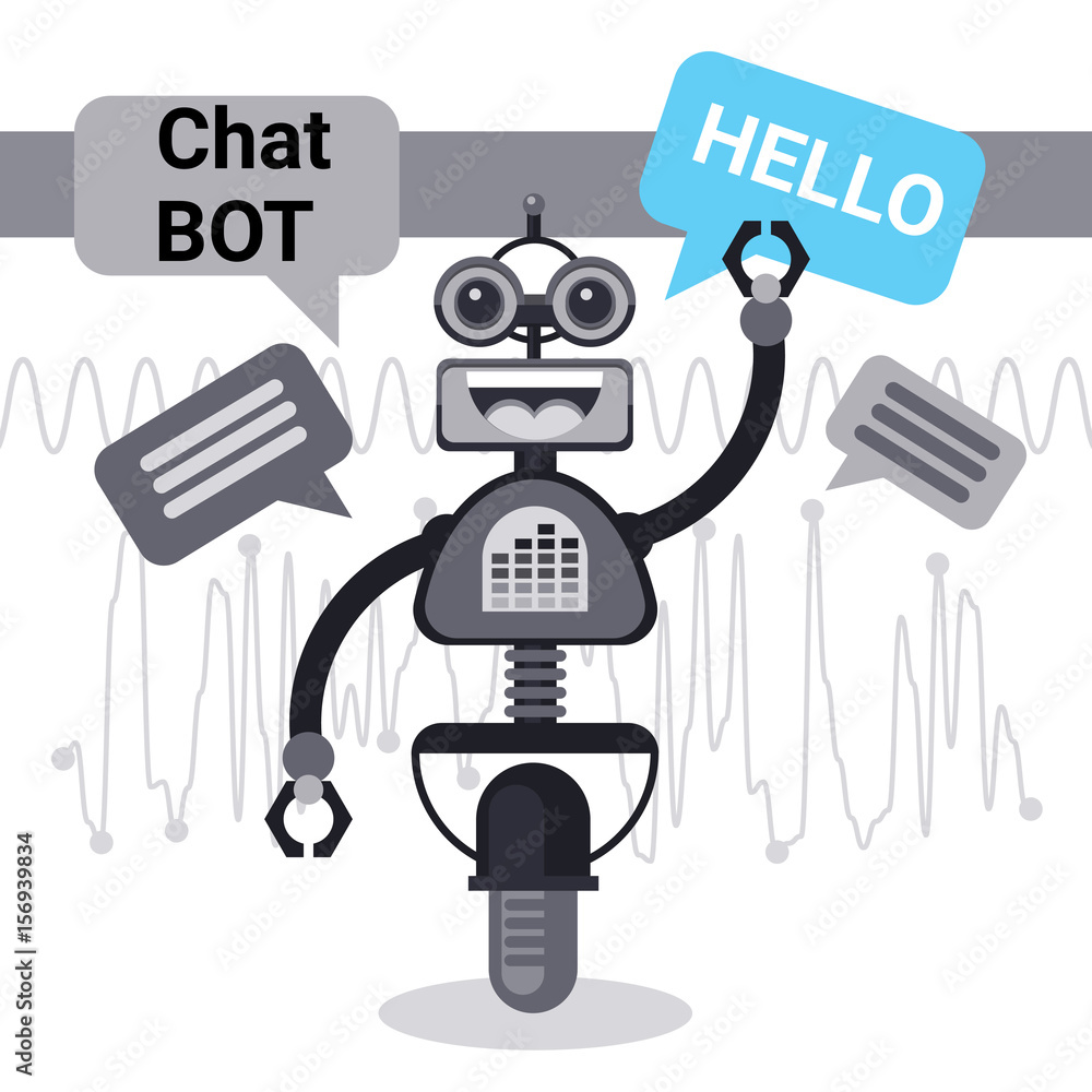 Poster free chat bot says hello, robot virtual assistance element of website or mobile applications, artifi