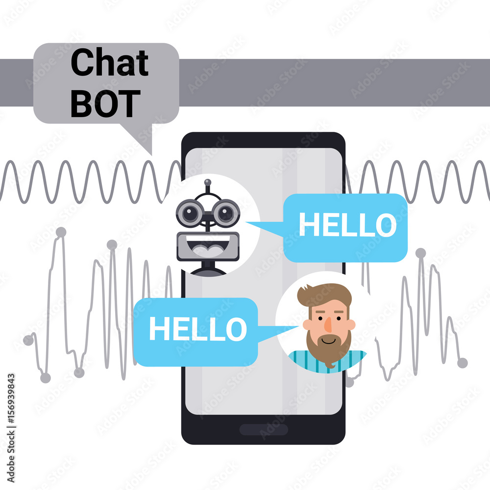 Poster man chatting with chat bot on cell smart phone, robot virtual assistance element of website or mobil