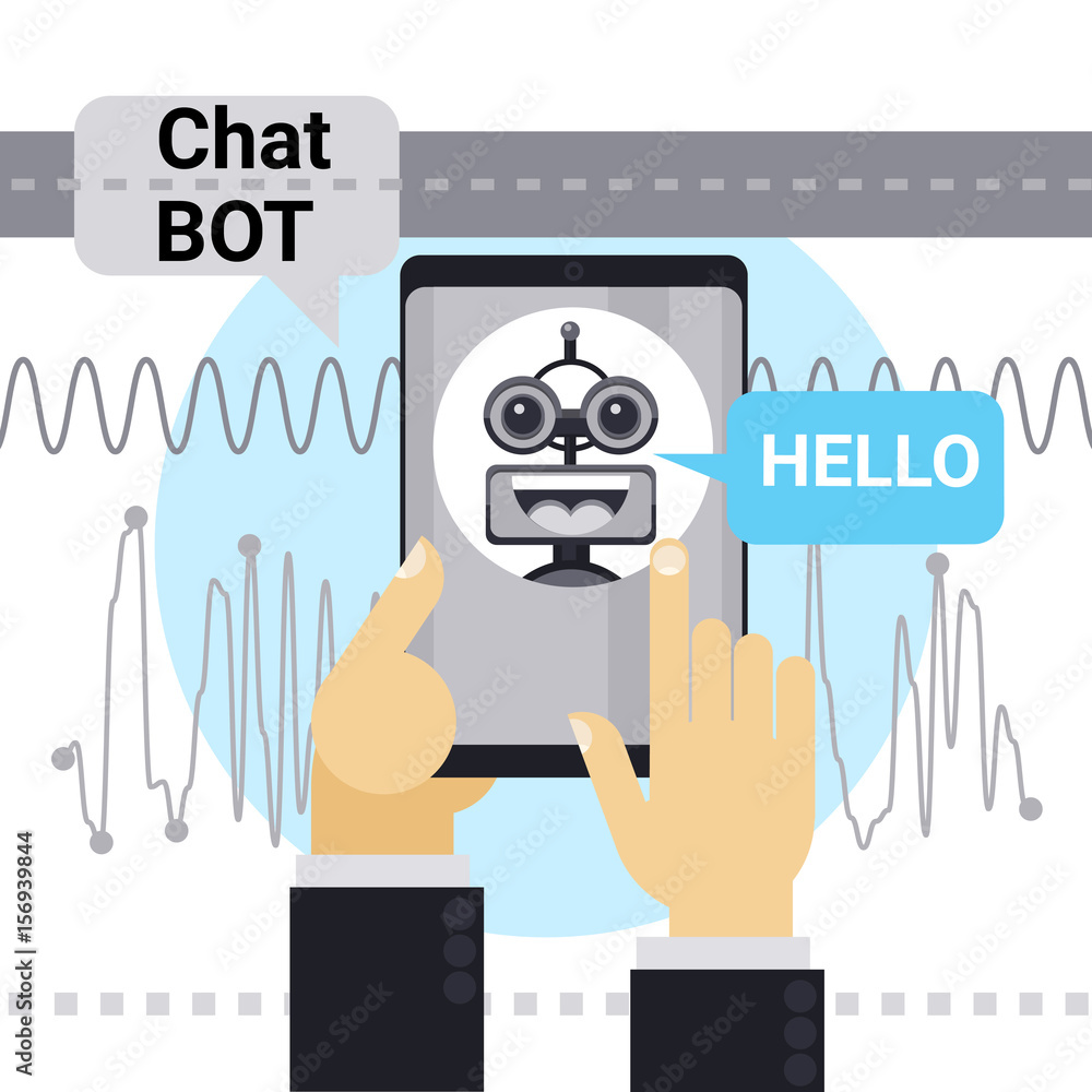 Poster man chatting with chat bot on cell smart phone, robot virtual assistance element of website or mobil