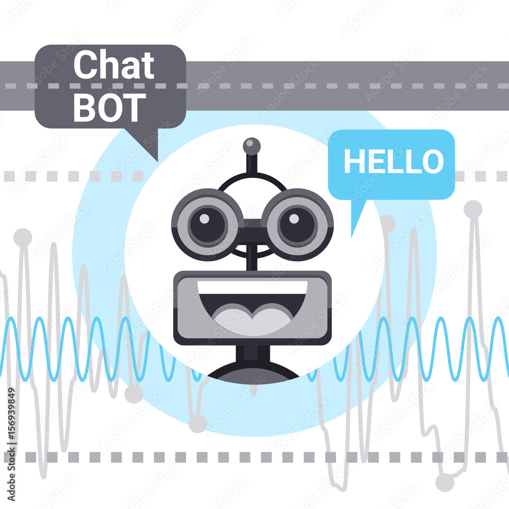Poster free chat bot says hello, robot virtual assistance element of website or mobile applications, artifi