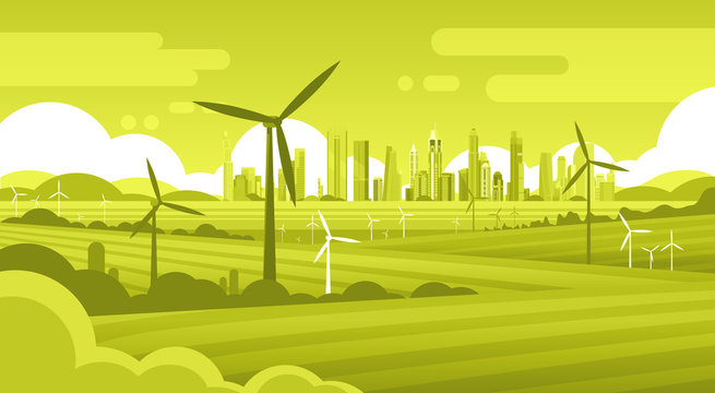 Wind Turbine Tower In Field Green City Background Ecology Alternative Energy Source Technology Flat Vector Illustration