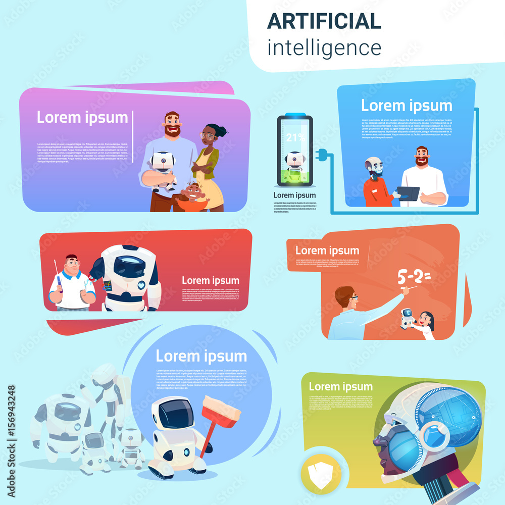 Poster robot helping people set assistance applications artificial intelligence concept collection flat vec
