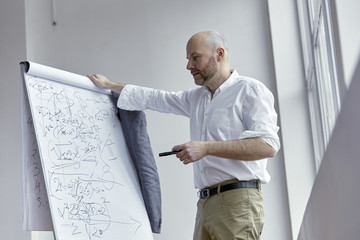 Fototapeta premium Bald Man Pointing at the Board With a Marker