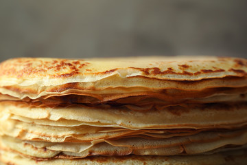 Tasty pancakes on pan, closeup