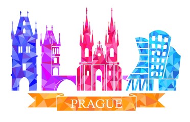 Traditional symbols of Prague, in the polygonal style. Powder tower, Charles bridge, Tyn Church, Prague dancing house