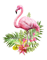 Tropical watercolor flowers. card with floral illustration and bird. Bouquet of flowers isolated on white background. Leaf, Flamingo and buds. Exotic composition for invitation - obrazy, fototapety, plakaty