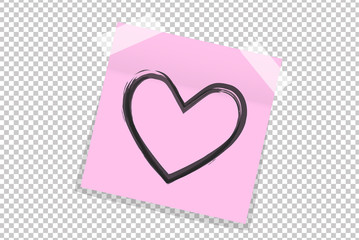 Black hand drawn heart on pink office paper sticker with shadow isolated. Vector illustration