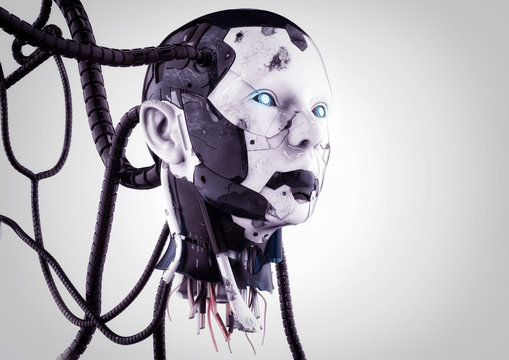 The head of a cyborg with wires on a gray background.