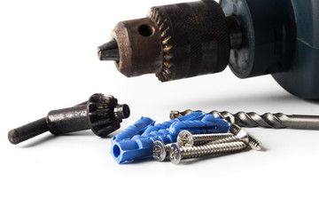Driller dowel and screw isolated on white background