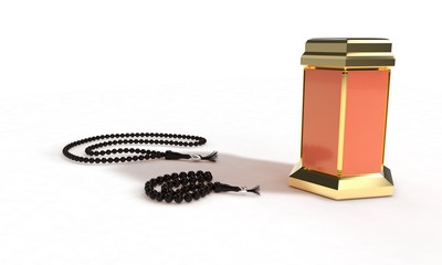 Shining lantern and tasbih 33-99 of background, 3d render