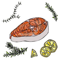 Steak of Red Fish Salmon, Lemon and Herbs for Seafood Menu. Ink Vector Illustration Isolated On a White Background Doodle Cartoon Vintage Hand Drawn Sketch.