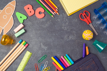 Back to school background with school supplies.View from above. Flat lay