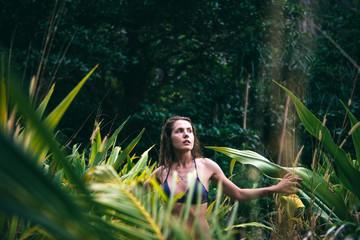 Obraz premium Young beautiful girl in bikini walking in tropical forest. Traveler lost in the jungle forest