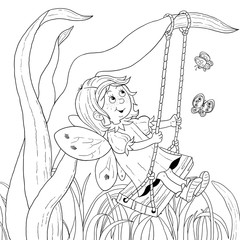 A cute fairy on the swings. Fairy tale. Coloring book. Coloring page. Illustration for children. Funny cartoon characters 