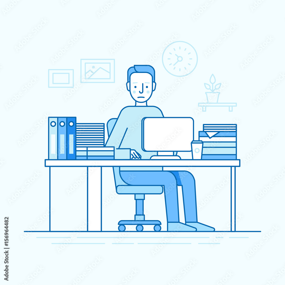 Poster Vector illustration in trendy flat linear style and blue colors - man working sitting at the desk with computer and hard working